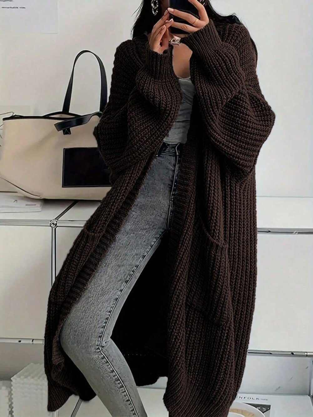 Coffee Brown Casual Women's Loose Fit Long Sleeve Cardigan